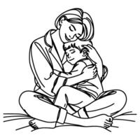 esboço mãe abraçando pequeno criança. solteiro 1 Preto linha desenhando mulher ser abraçado de dela crianças vetor ilustração