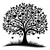 Preto amor árvore com coração folhas. mão desenhar namorados árvore silhueta grampo arte isolado em branco fundo, vetor ilustração