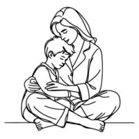 esboço mãe abraçando pequeno criança. solteiro 1 Preto linha desenhando mulher ser abraçado de dela crianças vetor ilustração