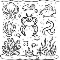 mar criaturas coloração Páginas. mar criaturas esboço para coloração livro vetor