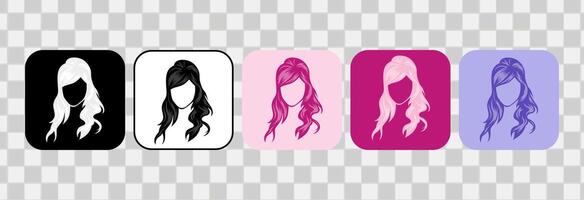 conjunto do mulheres cabelo ícones. silhueta desenhado à mão contorno. para logotipo, grampo arte, símbolo, adesivo, ou rede Projeto. 600 px x 600 px retangular ícone, vetor plano ilustração.