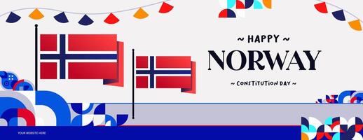 norueguês constituição dia bandeira dentro colorida moderno geométrico estilo. feliz Noruega nacional independência dia cumprimento cartão cobrir com tipografia. vetor ilustração para a comemorar nacional feriados