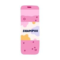 fofa mão desenhado xampu com abstrato rótulo. Rosa banho e chuveiro Cosmético para lavando cabelo. plástico garrafa do xampu para cuidado capilar. simples rabisco dentro desenho animado estilo isolado em branco vetor