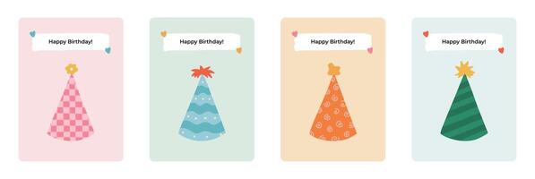 conjunto do fofa cartão postal para feliz aniversário. na moda e minimalista cartazes com letras e mão desenhado ilustração sobre aniversário festa, feriado, celebração, aniversário. cumprimento cartão modelo vetor
