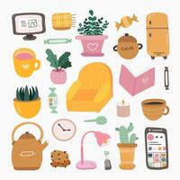 conjunto com mão desenhado clipart do acolhedor lar. lindo plano retro vetor ilustração. escandinavo quarto interior decoração. acolhedor apartamento com cadeirão, casa plantas, computador, livro, vela, canecas, chá