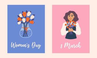 marcha 8 cartão postal definir. mundo mulheres dia. azul vaso com ramalhete do vermelho tulipas. feliz mulher aguarde flores mão desenhado plano desenho animado elementos. vetor ilustração