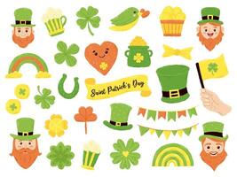 festivo conjunto para st. patrick's dia. trevo, Irlanda, trevo, cerveja, bandeira, duende, gnomo. mão desenhado plano desenho animado elementos. vetor ilustração