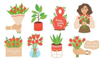 Primavera conjunto do elementos para marcha 8 ramalhete do tulipas, número, menina segurando flores, envelope com florescer, rotulação. mão desenhado plano desenho animado elementos em branco fundo. vetor ilustração