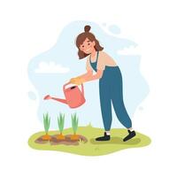 mulher com rega pode. fêmea jardineiro rega plantas dentro Primavera. fofa vetor Illustartion dentro plano desenho animado estilo