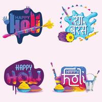 conjunto do holi saudações títulos dentro hindi e Inglês com festivo elementos vetor