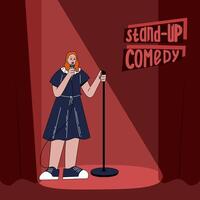 ficar de pé comédia mulher. comédia artista. a desempenho do uma fêmea comediante vetor