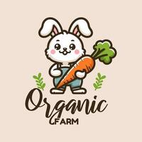 logotipo uma alegre desenho animado Coelho segurando uma cenoura com a texto orgânico Fazenda usando uma escrito a mão Fonte vetor