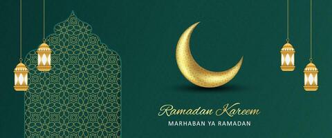 moderno luxo islâmico Ramadã kareem bandeira fundo com dourado enfeite decorativo isolado em verde fundo vetor
