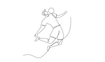 contínuo linha desenhando do futebol jogador saltar e mosca para chutando bola. solteiro 1 linha arte do jovem homem jogando futebol bola vetor
