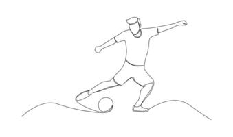 contínuo linha desenhando do futebol jogador saltar e mosca para chutando bola. solteiro 1 linha arte do jovem homem jogando futebol bola vetor