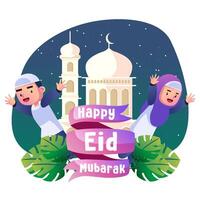 feliz eid Mubarak crianças ilustração vetor