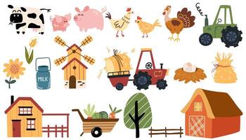 Fazenda elementos definir. coleção Fazenda animais, agrícola maquinaria, moinho, escolher, celeiro, trator. agricultura e agrícola. vetor ilustração.