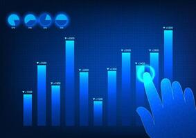 Barra gráfico com mãos tocante mostra a crescimento do a companhia que aumenta lucros e perdas. Liderança do uma homem de negocios este é acima a concorrência vetor
