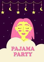 pijama festa poster convite. dormindo menina estrelas e lua acima dela cabeça. temático solteira festa, pernoitar Festa. vetor ilustração