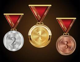 dourado prata e bronze em branco medalhas suspensão em vermelho fitas vetor ilustração