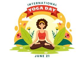 internacional ioga dia vetor ilustração em Junho 21 com mulher fazendo corpo postura prática ou meditação dentro cuidados de saúde plano desenho animado fundo