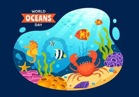 mundo oceanos dia vetor ilustração para Socorro proteger e conservar oceano, peixe, ecossistema ou mar plantas dentro plano desenho animado fundo Projeto