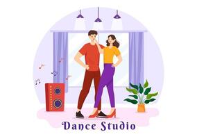 dança estúdio vetor ilustração com dançando casais realizando acompanhado de música dentro plano desenho animado fundo Projeto