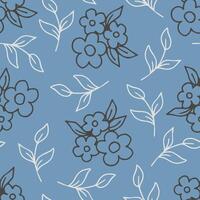 simples □ Gentil lindo floral vetor desatado padronizar dentro rural estilo. mão desenhando Sombrio esboço do flores, luz folhas em uma azul fundo. para impressão em tecido, têxtil produtos.