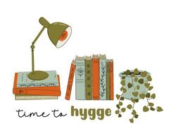 livro pilhas, planta de casa, mesa lâmpada. casa biblioteca. Tempo para hygge. literatura e Educação tema. mão desenhado retro estilo vetor ilustração. plano Projeto.