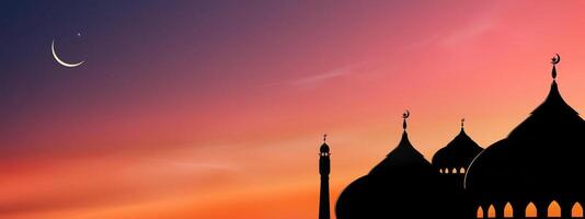 islâmico fundo, cúpula mesquitas, crescente lua, estrelada em Sombrio azul céu plano de fundo, vetor símbolo islâmico religião com crepúsculo céu, bandeira eid al adha,eid al fitr, mubarak, novo ano Muharram, Ramadã kareem