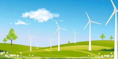 de Meio Ambiente fundo, primavera panorama verde campo com moinho de vento em montanha, azul céu, nuvem, vetor rural com solar painel vento turbinas instalado Como renovável estação energia fontes para eletricidade