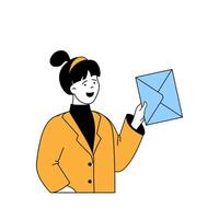 Entrega conceito com desenho animado pessoas dentro plano Projeto para rede. mulher recebendo enviar carta ou cartão postal dentro envelope para postal caixa de correio. vetor ilustração para social meios de comunicação bandeira, marketing material.