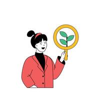 ecologia conceito com desenho animado pessoas dentro plano Projeto para rede. mulher com lupa fazendo científico botânico pesquisas do plantas. vetor ilustração para social meios de comunicação bandeira, marketing material.