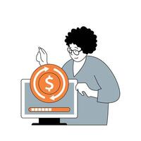 o negócio e finança conceito com desenho animado pessoas dentro plano Projeto para rede. mulher fazer financeiro transação e dinheiro troca on-line. vetor ilustração para social meios de comunicação bandeira, marketing material.