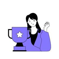 trabalho em equipe conceito com desenho animado pessoas dentro plano Projeto para rede. mulher com troféu copo alcançar carreira metas e obtendo trabalho sucesso. vetor ilustração para social meios de comunicação bandeira, marketing material.