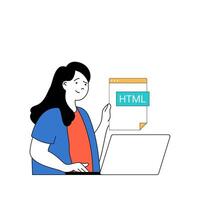 programação conceito com desenho animado pessoas dentro plano Projeto para rede. mulher trabalhando com código, codificação em html, criando e lançamentos produtos. vetor ilustração para social meios de comunicação bandeira, marketing material.