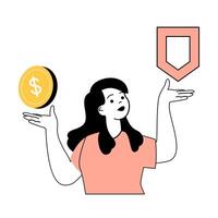 seguro serviço conceito com desenho animado pessoas dentro plano Projeto para rede. mulher usando financeiro seguro e bancário garantia garantia. vetor ilustração para social meios de comunicação bandeira, marketing material.