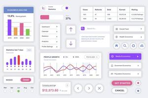 do utilizador interface elementos conjunto para contabilidade Móvel aplicativo. kit modelo com hud diagramas, perfil, Estatisticas painel, financeiro dados gráficos, calendário. pacote do interface do usuário, ux, gui telas. vetor componentes.