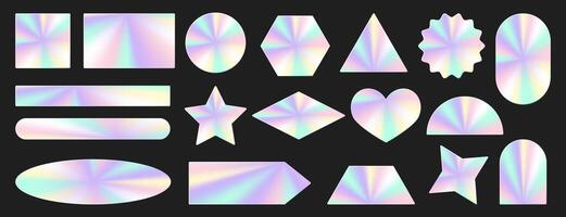 conjunto do holográfico adesivos. holograma etiquetas do diferente geométrico formas com iridescente frustrar adesivo filme. colori em branco arco Iris brilhante emblemas, figuras. vetor ilustração.