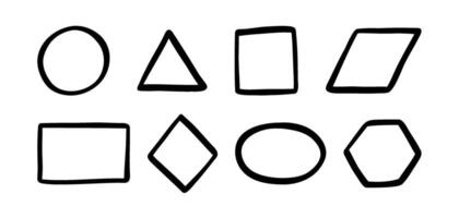 rabisco básico geométrico formas definir. mão desenhado matemática figura ícones coleção. rabisco fofa círculo, quadrado e triângulo. criança desenhando para Aprendendo jogos. vetor ilustração isolado em branco fundo.