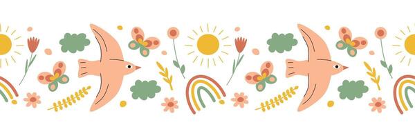 desatado Primavera fronteira. pássaro, sol, plantas, arco-íris. isolado vetor ilustração
