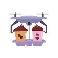 Comida Entrega drone. zangão café Entrega vetor ilustração. quadcopter transportando café. conceito isolado em branco fundo.
