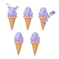 uma conjunto do lavanda gelo creme dentro waffle cones. roxa sorvete. vetor ilustração isolado em branco fundo.