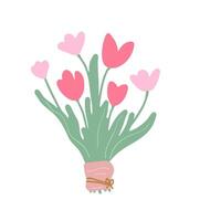 colorida Rosa tulipas ramalhete em isolado branco fundo vetor ilustração plano desenho. grupo do flores com folhas