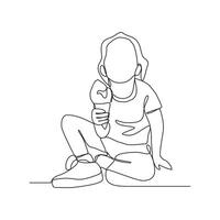 1 contínuo linha desenhando do uma mulher é segurando gelo creme pronto para comer vetor ilustração. pessoas com Comida ou beber atividade dentro simples linear estilo conceito vetor. adequado para seu de ativos Projeto.