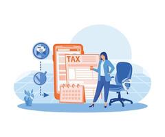 uma mulher usa uma imposto calendário para preencher Fora impostos. tributação planejamento conceito. plano vetor moderno ilustração
