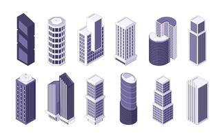 isométrico arranha-céus. moderno cidade edifícios dentro isometria, residencial apartamento o negócio escritório torres plano estilo paisagem urbana conceito. vetor conjunto