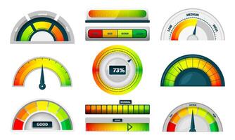 velocímetro indicador. energia e taxa medição discar com seta, taxa calibre e número, eficiente painel de controle calibre para progresso relatório. vetor conjunto