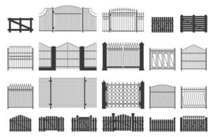 cerca e portão. decorativo ornamental rede metal quadros, jardim ornamental fronteira construção, Entrada segurança conceito. vetor isolado conjunto