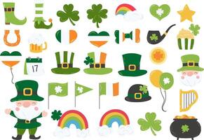 feliz st. patrick's dia elementos mega conjunto com verde trevo, trevo, verde cerveja, ouro moedas Panela, e arco Iris em branco fundo. st. patrick's dia tipografia mega pacote. santo patrick's dia ... vetor